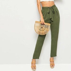 SHEIN Green Self-Belted, Pleated, High-waist Pants